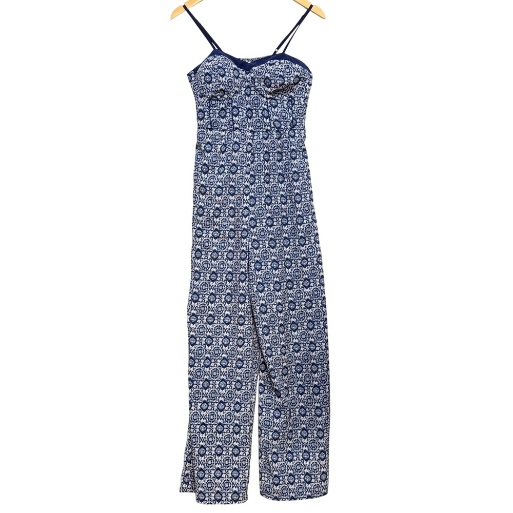 Xhilaration Blue White Medallion Print Wide Leg Jumpsuit Sweetheart Neck Medium
